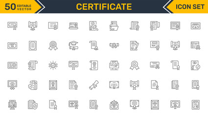 Set of outline icons related to certificate. Linear icon collection. Editable stroke. Vector illustration