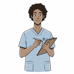 Smiling male nurse in light blue scrubs writing on clipboard.  Nurse holds clipboard and pen, making notes.  This image is perfect for dental clinic brochures or car accessory catalogs.