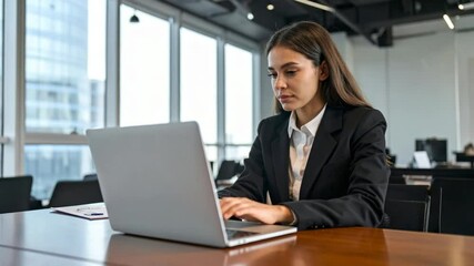 Business Woman Working on Laptop: A focused businesswoman in a corporate office types diligently on her laptop, epitomizing professional dedication and modern workplace efficiency.