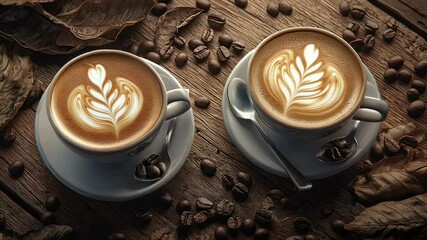 Two latte art cups on a rustic wooden table, surrounded by coffee beans and autumn leaves - Powered by Adobe