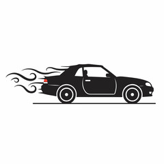 Naklejka premium Stylish black car silhouette speeding fast. Car design with smoke trail shows speed and motion. Sport car illustration perfect for automotive branding or speed related projects.