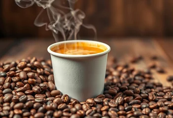  A steaming hot beverage in a takeaway cup beside a pile of coffee beans, coffee break, morning © Nopphawan