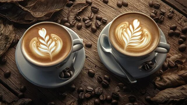 Two latte art cups on a rustic wooden table, surrounded by coffee beans and autumn leaves