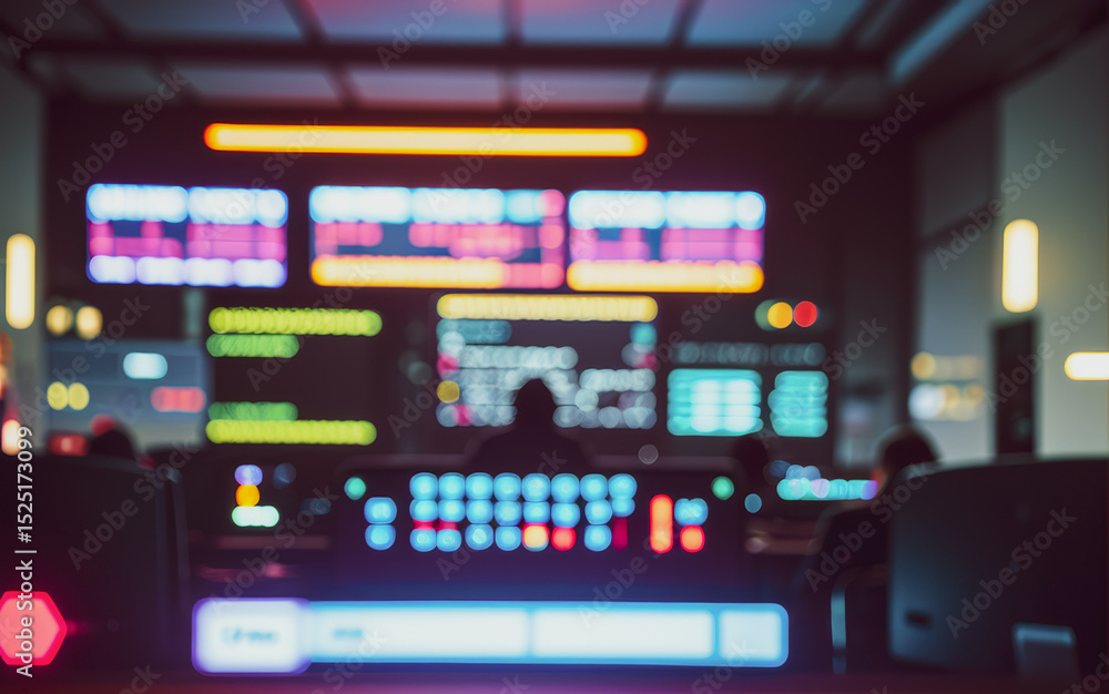 Poster control room with multiple screens displaying data and person in silhouette.futuristic photos with p