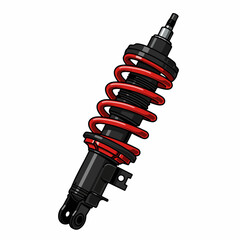 Red and black coil spring shock absorber. Automotive suspension component with metal spring and damping system. High-quality shock absorber for car repair and maintenance.