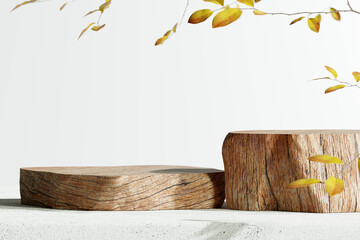 Wooden product display podium with blurred nature leaves background. 3D rendering