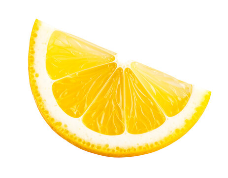 Single slice of fresh yellow lemon on white