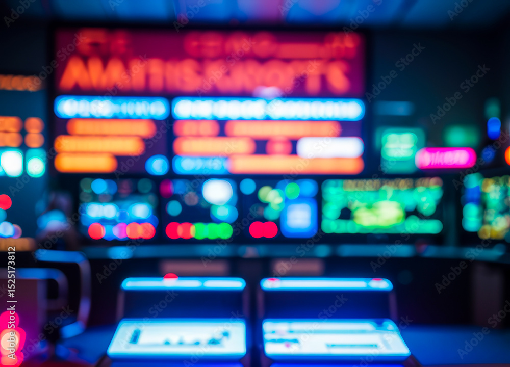 Poster control room with multiple screens displaying data and text in a dark setting.futuristic photos with
