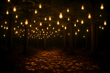 Glowing Edison Bulbs Suspended in Forest Path