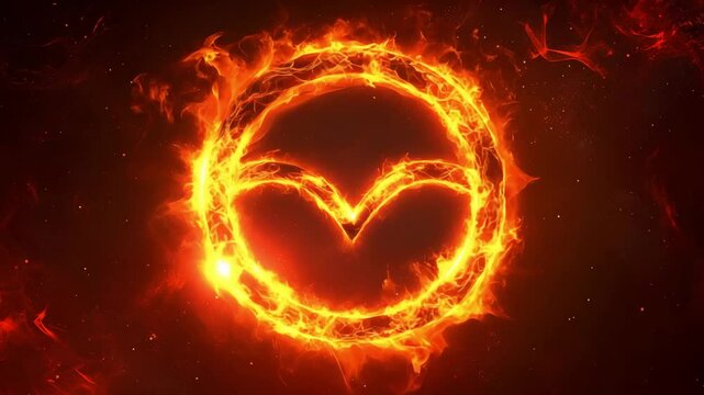 A circular logo ignites with flames in a dark space, creating an intense visual experience through its dynamic movement and bright colors