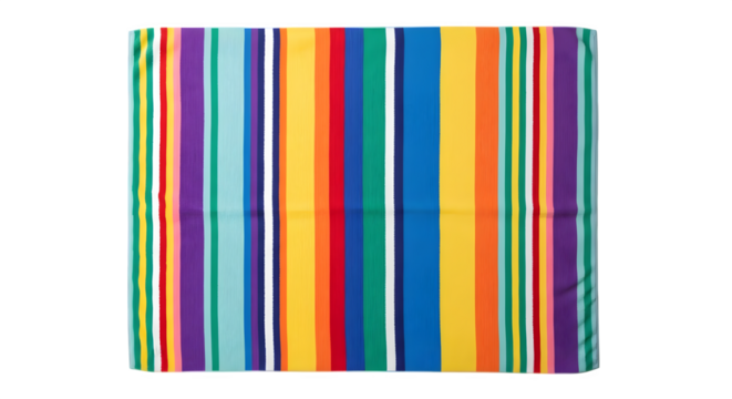 A colorful striped textile featuring a vibrant array of vertical color bands shown flat isolated on white background, tarensparent background, png, jpg,jpeg,  on transparent background - Powered by Adobe