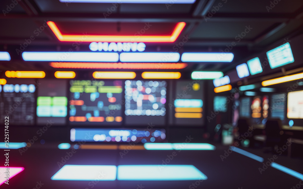 Poster futuristic control room with multiple screens displaying data and colorful neon lighting.futuristic 