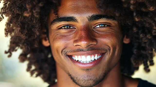 Funny smiling man with a silly face, her close-up expression of joy and natural  highlighted by her teeth and laughing eyes