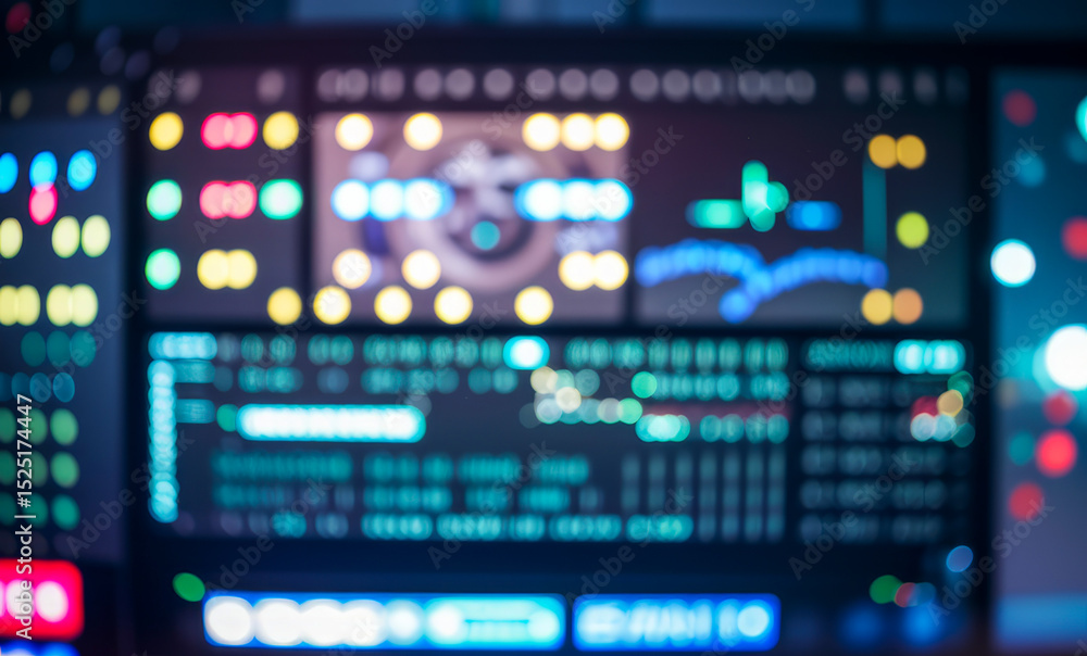 Poster illuminated dashboard with various displays showing data and information in a dark setting.futuristi