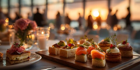 Gourmet canapés platter in sharp focus. In the soft background, silhouettes mingle at a corporate event by a sunset window, creating a warm bokeh.