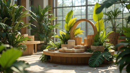 Circular Wooden Product Display Stand with Tropical Plants Eco-Friendly Retail Design