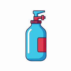 Fototapeta premium Blue plastic bottle with pump dispenser. Dispenser bottle has red label and is perfect for liquid soap or lotion. This clean design is ideal for packaging for pediatrics or cardiology.
