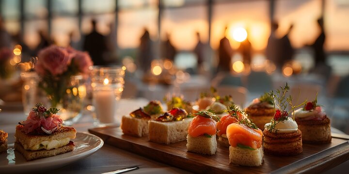 Gourmet canapés platter in sharp focus. In the soft background, silhouettes mingle at a corporate event by a sunset window, creating a warm bokeh.