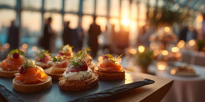 Gourmet canapés platter in sharp focus. In the soft background, silhouettes mingle at a corporate event by a sunset window, creating a warm bokeh.