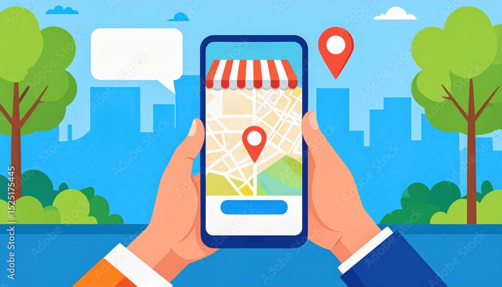Aufkleber a person uses a smartphone to find a store location on a map app in a city park setting.