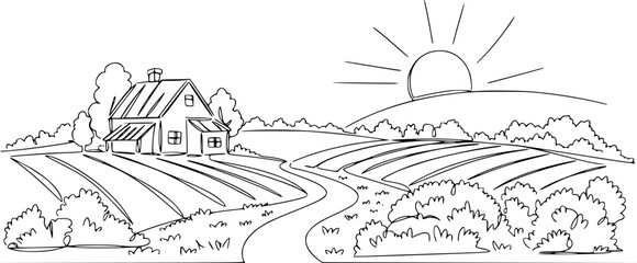 Fototapeta premium Rural landscape continuous one line vector drawing rural house vector 