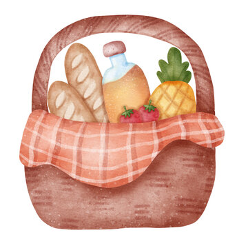 Full picnic basket with bread, fruit, and drink in cozy tones, Great for summer illustrations.