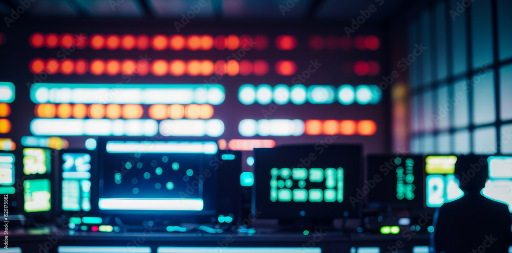Poster person in control room with many screens displaying data and information.futuristic photos with prem