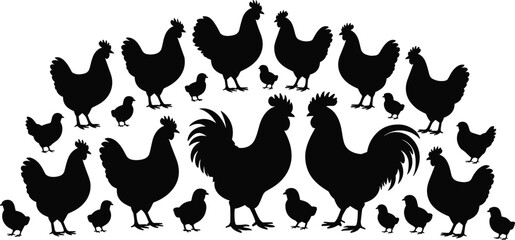 Chicken and Rooster Silhouette Vector, Farm Animal Clipart, Hen and Chick Illustration, Poultry Graphic Icon for Agriculture Design