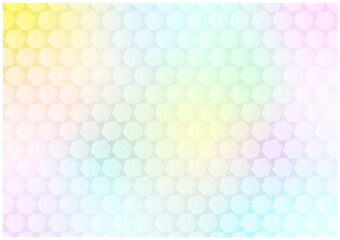 Bright Rainbow Gradient Background with White Hexagonal Mosaic Tiles（虹色のグラデーションのバックに白い六角形のモザイクタイルが規則的に並んでいる明るい背景）