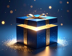 3D blue mystery box with Illuminated lighting glitter on dark background