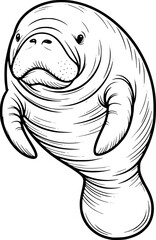 Minimalist Manatee Line Art Vector – Bold Black and White Sea Cow Illustration with Thick Outlines and No Background