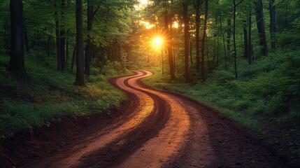 Fototapeta premium Winding dirt road leads through vibrant green forest. Sunlight filters through trees creating serene ambiance. Pathway provides journey adventure experience, destination exploration. Nature.