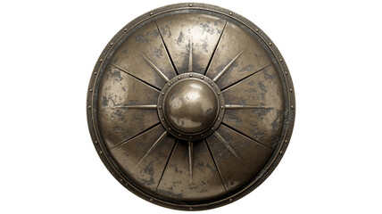 Naklejka premium Ancient Bronze Shield: A weathered bronze shield, its surface etched with the marks of time and battle, commands attention with its circular form and central boss.