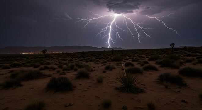 Lightning illuminating desert landscape at night