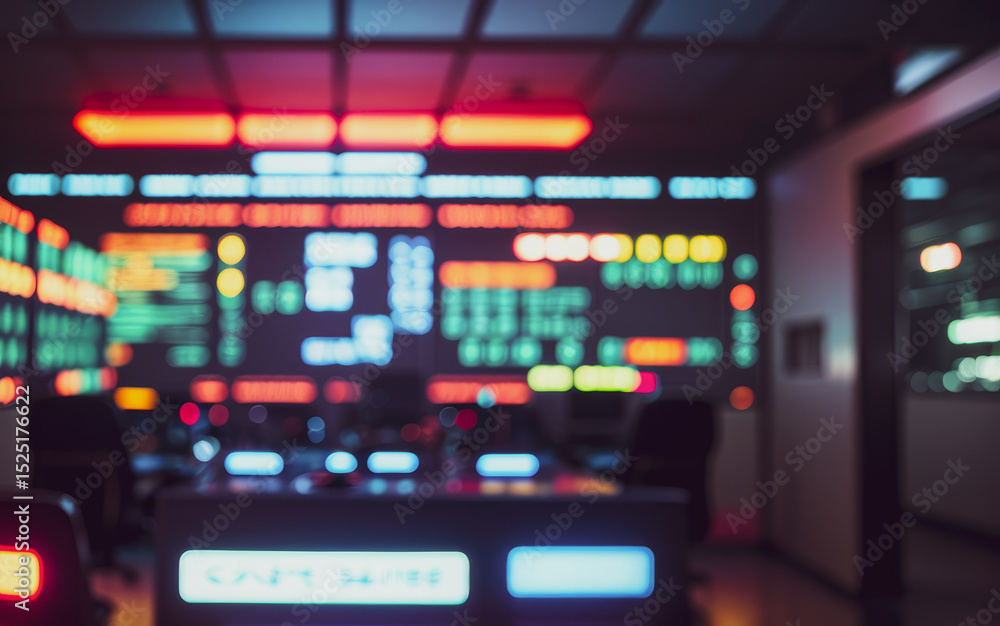 Poster control room with multiple screens displaying data and illuminated by neon lights.futuristic photos 