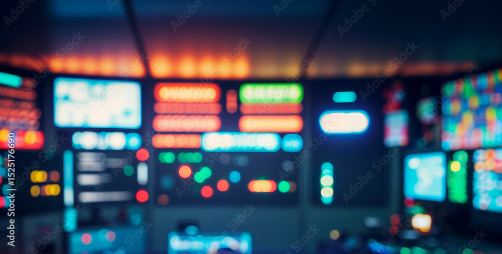 Poster control room with many screens displaying data and information in a dark setting.futuristic photos w