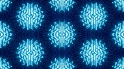Intricate blue and turquoise snowflake pattern on dark background neon glow