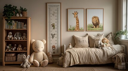 Cozy Childrens Room with Soft Toys Bookshelf and Animal Posters