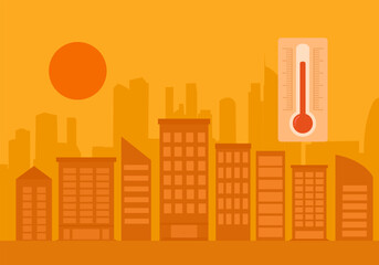 Hot climate in the city with strong sunlight and thermometer in flat design. Hot summer day concept.