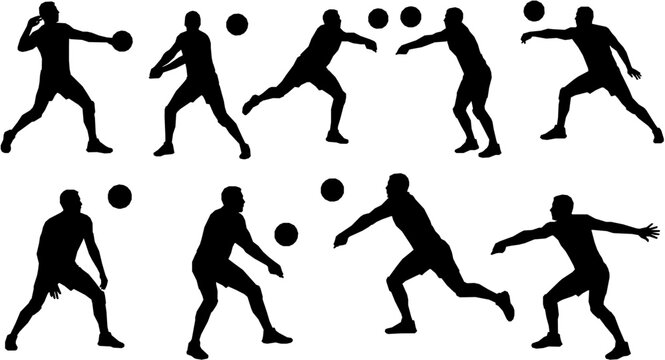 Volleyball player serving ball, isolated vector silhouette, front view. Team sport athlete logo
