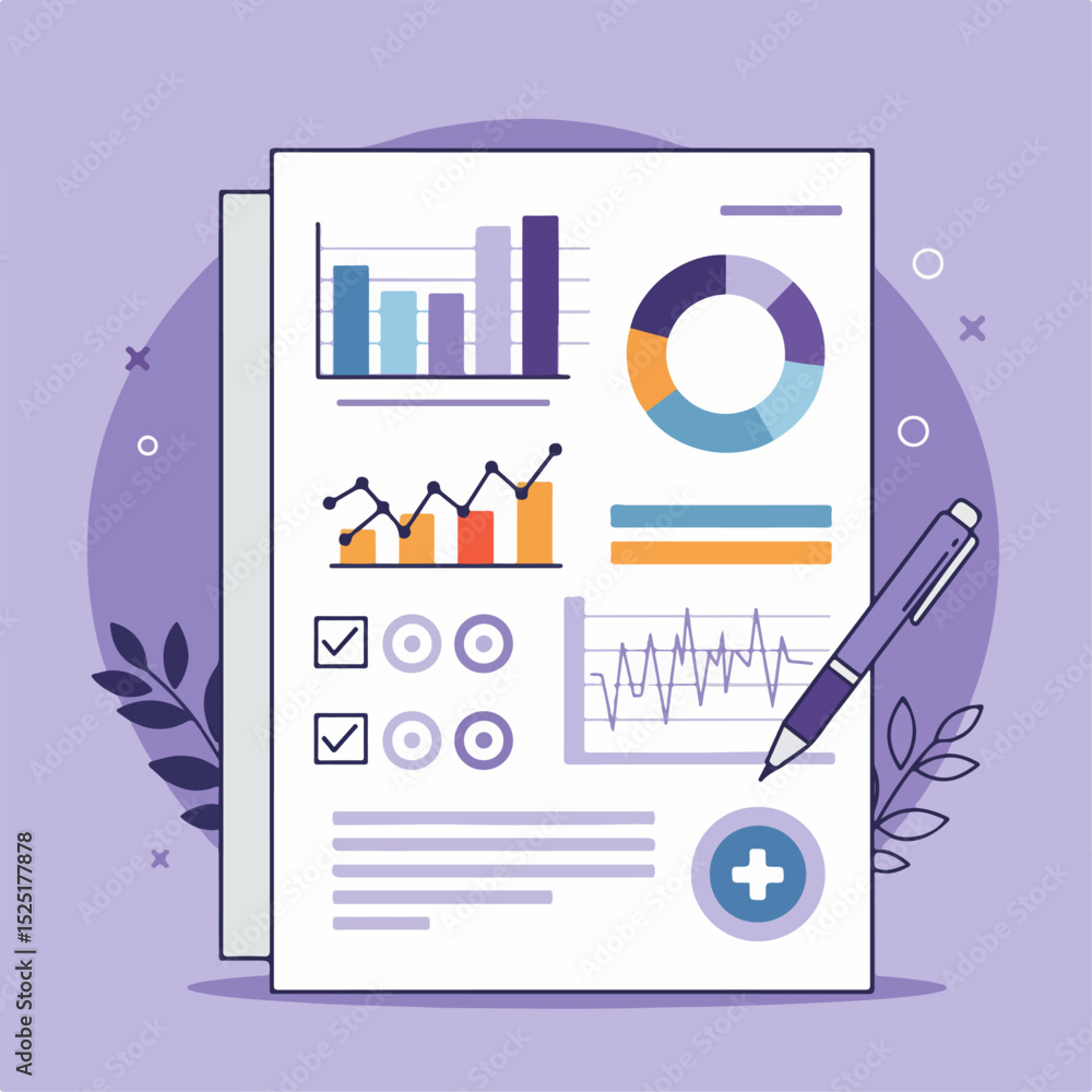 Poster business report with charts and graphs. financial document includes bar graphs, pie charts, line gra