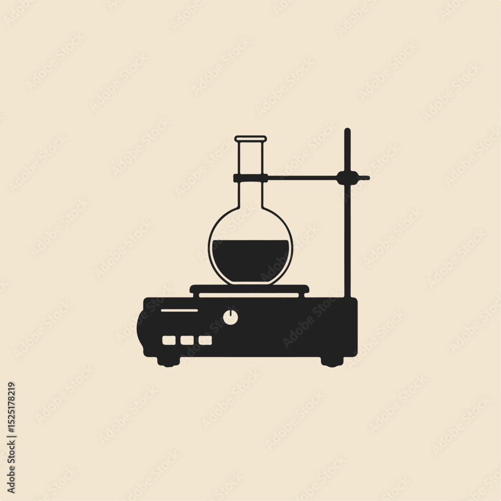 Poster simple laboratory equipment with round bottom flask on magnetic stirrer. laboratory glassware includ
