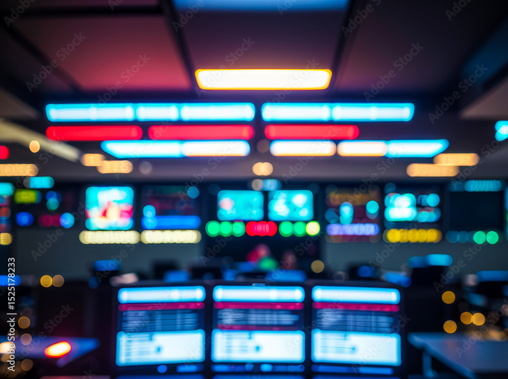 Aufkleber room with multiple screens displaying data illuminated by neon and fluorescent lights.futuristic pho