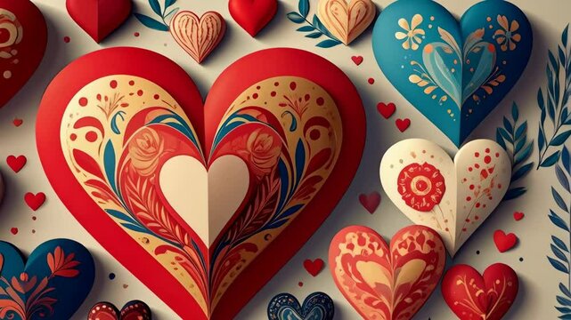 Festive arrangement with decorated hearts in red, blue, cream, and gold on a white background for Valentine's Day or special occasions.
