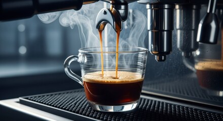 Fresh espresso with frothy crema pouring into a clear glass cup from a coffee machine