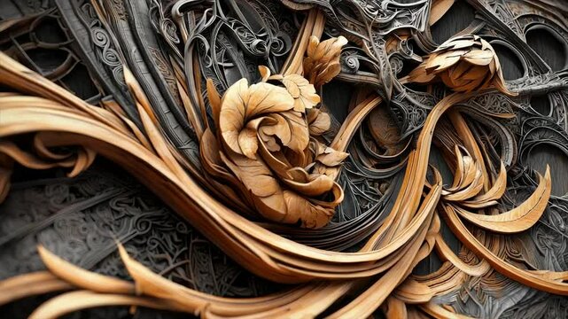 Intricate, stylized floral and scrollwork design.  Complex, detailed carvings, with organic shapes