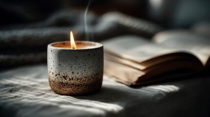 Cozy Reading Scene with Burning Candle and Open Book