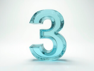 Fototapeta premium The number 3 sculpted from translucent glass, set against a seamless white background