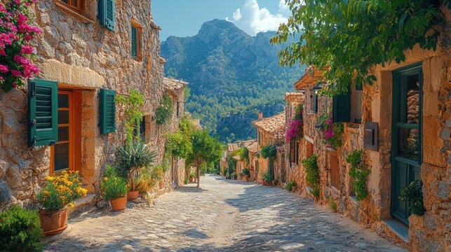 Fototapeta Picturesque medieval street in Fornalutx village, Mallorca. Spanish style stone buildings, arches, shutters. Sunny day. Mountain view. Travel, tourism to Europe, Spain, Balearic Islands. Vacation.