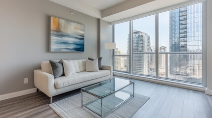Obraz premium Modern living room with cityscape view creates a sophisticated urban retreat. Contemporary design perfect for stylish apartment living.